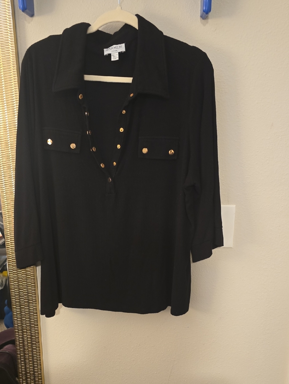Carmen Marc Valvo Black Tunic with Gold Button Accents